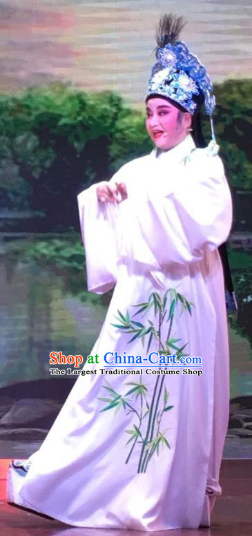 Chinese Yue Opera Xiaosheng Garment and Headwear The Crimson Palm Shaoxing Opera Young Male Scohlar Lin Zhaode Apparels Costumes Niche White Robe