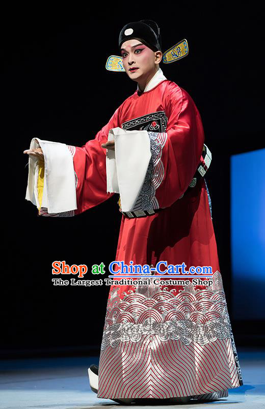 Chinese Classical Kun Opera Young Male Chancellor Apparels The Story of Pipa Peking Opera Garment Number One Scholar Red Official Costumes and Hat
