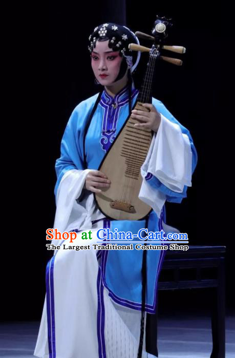 Chinese Kun Opera Tsing Yi Blue Dresses Costumes The Story of Pipa Peking Opera Garment Distress Maiden Apparels and Headwear