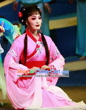Chinese Shaoxing Opera Country Lady Lin Moniang Rosy Dress Costumes and Headpieces Ma Zu Yue Opera Actress Garment Hua Tan Apparels