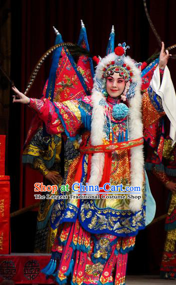 Chinese Kun Opera Female General Kao Costumes Princess Baihua Peking Opera Blues Garment Apparels Red Armor Suit with Flags and Headdress