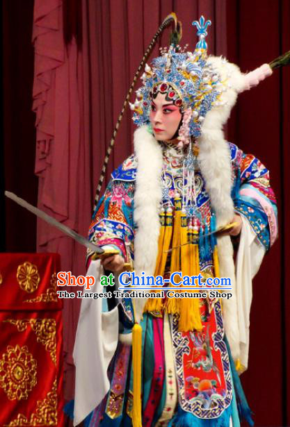 Chinese Kun Opera Female General Costumes Princess Baihua Peking Opera Blues Garment Apparels and Headdress