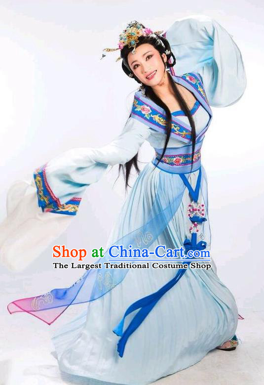 Chinese Shaoxing Opera Hua Tan Blue Dress Shuang Fei Yi Apparels Yue Opera Wang Yanmei Garment Young Female Costumes and Headdress