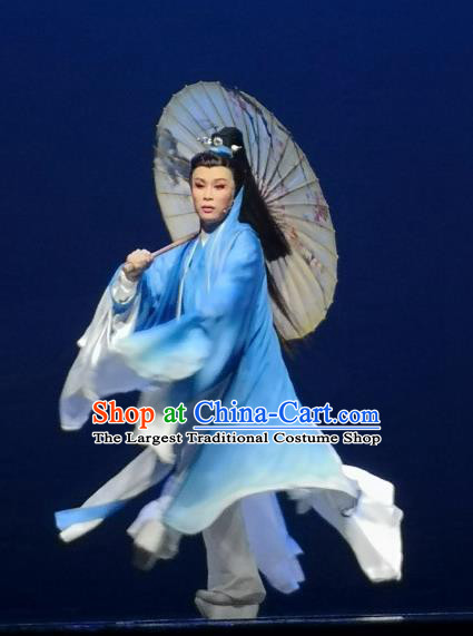 Chinese Yue Opera Xiaosheng Scholar Wang Huizhi Blue Garment Wu Yi Lane Apparels and Headwear Shaoxing Opera Young Male Costumes