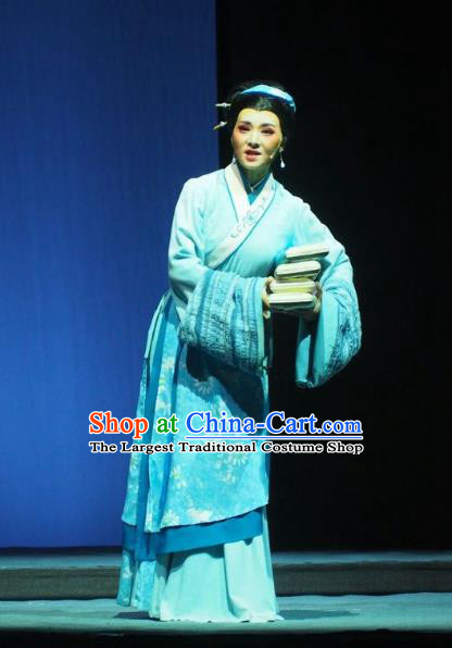 Chinese Shaoxing Opera Country Woman Blue Dress Costumes and Headpieces Su Qin Yue Opera Hua Tan Young Female Garment Apparels