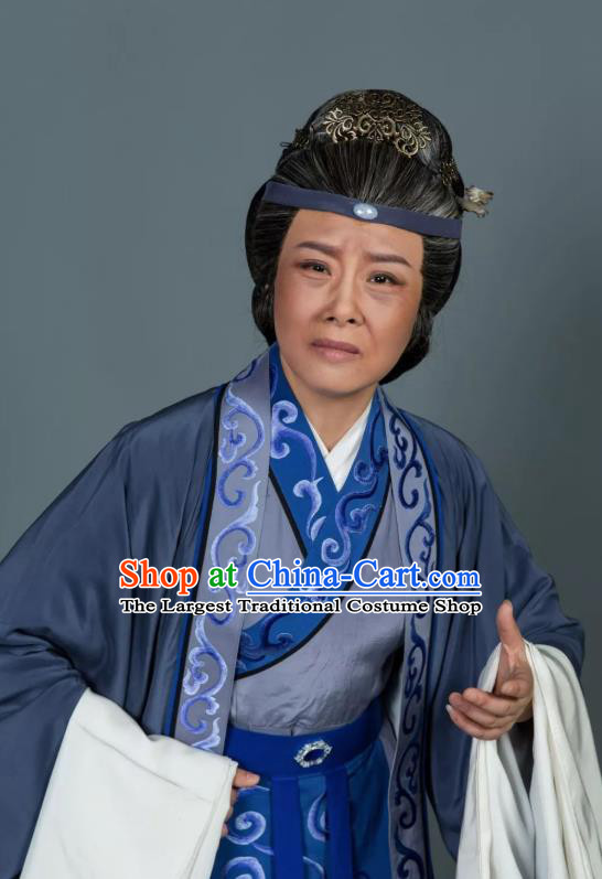 Chinese Shaoxing Opera Elderly Woman Dress Baozheng Tears Hua Tan Costumes and Headdress Yue Opera Old Dame Garment Apparels