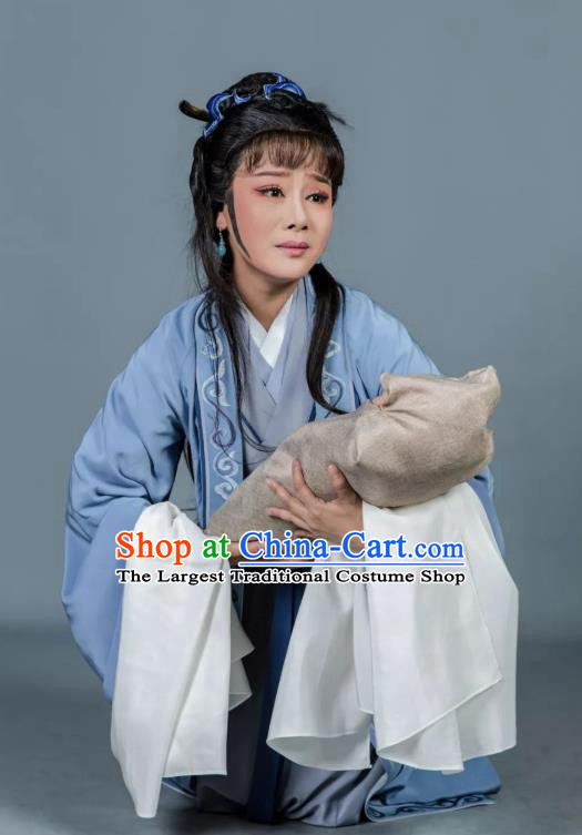 Chinese Shaoxing Opera Tsing Yi Dress Baozheng Tears Hua Tan Costumes and Headpieces Yue Opera Distress Maiden Garment Apparels