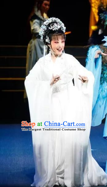 Chinese Shaoxing Opera Actress Young Female Apparels Costumes and Headdress The Story of Goddess Yue Opera Hua Tan Su Nv Garment