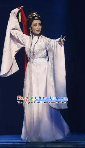 Chinese Shaoxing Opera Actress White Dress Costumes and Headpieces The Story of Goddess Yue Opera Hua Tan Su Nv Garment Apparels