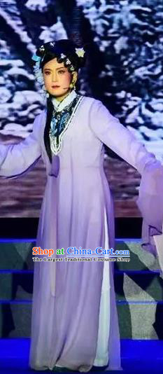 Chinese Shaoxing Opera Distress Maiden Purple Dress Garment and Headpieces Tian Dao Zheng Yi Yue Opera Hua Tan Qin Xianglian Apparels Costumes