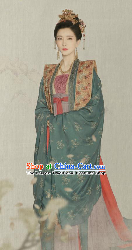 Traditional Chinese Ancient Royal Queen Cao Danshu Historical Costumes Drama Serenade of Peaceful Joy Song Dynasty Empress Hanfu Dress and Hair Jewelry
