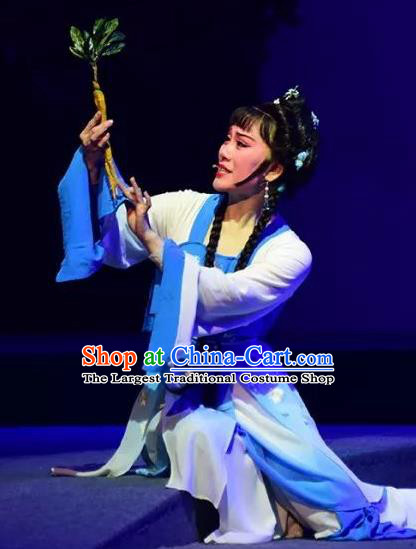 Chinese Shaoxing Opera Village Girl Blue Dress Costumes and Headpieces Hu Po Yuan Yue Opera Country Woman Jin Sulan Garment Apparels