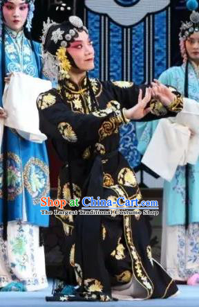 Chinese Shaoxing Opera Wu Dan Dress Apparels Costumes and Headdress Bai Sui Gua Shuai Yue Opera Martial Female Black Garment