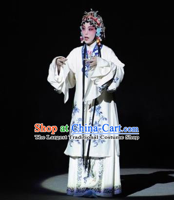 Chinese Kun Opera Young Female White Dress Apparels Costumes and Headdress The Tale of Handan Kunqu Opera Diva Garment