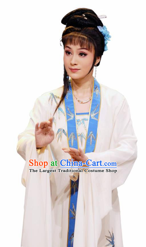 Chinese Shaoxing Opera Noble Lady Costumes Zhang Yu Niang Apparels Yue Opera Hua Tan Garment Actress White Dress and Hair Accessories