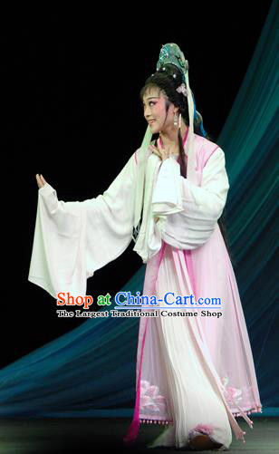 Chinese Shaoxing Opera Young Lady Actress Costumes Yu Qing Ting Wang Zhizhen Apparels Yue Opera Hua Tan Garment Taoist Nun Pink Dress and Headdress