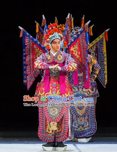 Chinese Kun Opera Young Man Military Officer Continue the Pipa Costumes and Headwear Kunqu Opera Garment Apparels General Rosy Kao Armor Suit with Flags