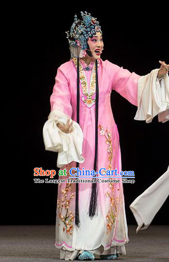 Chinese Huangmei Opera Diva Garment Costumes and Headpieces Luo Pa Ji Traditional Anhui Opera Actress Chen Saijin Pink Dress Apparels