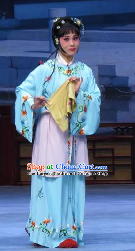 Chinese Ping Opera Actress Young Lady Ai Yu Costumes and Headpieces Xue Yu Bing Shuang Traditional Pingju Opera Dress Servang Girl Blue Garment Apparels
