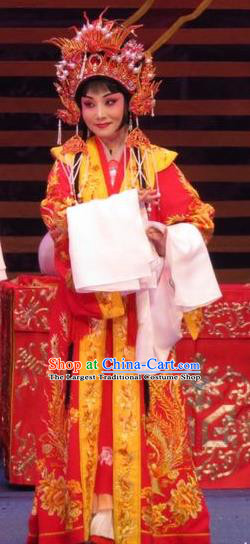 Chinese Ping Opera Bride Wedding Apparels Costumes and Headdress The Five Female Worshipers Traditional Pingju Opera Hua Tan Red Dress Garment