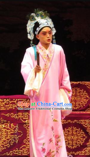 The Five Female Worshipers Chinese Ping Opera Xiaosheng Costumes and Headwear Pingju Opera Young Male Scholar Apparels Pink Embroidered Robe Clothing