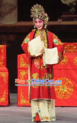 Chinese Ping Opera Bride Apparels Costumes and Headdress Linjiang Post Traditional Pingju Opera Red Dress Diva Zhang Lanzhen Wedding Garment