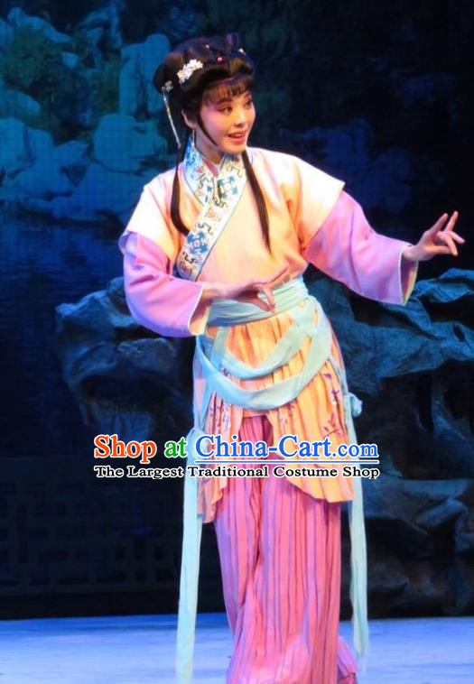 Chinese Ping Opera Young Lady Apparels Costumes and Headpieces Baoyu and Daiyu Traditional Pingju Opera Maidservant Hua Xiren Dress Garment