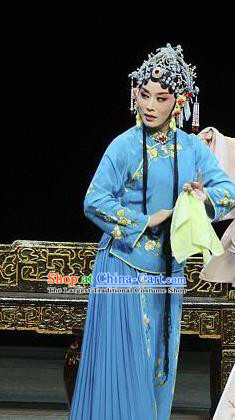 Chinese Ping Opera Diva Actress Costumes Apparels and Headpieces Embroidered Shoes Traditional Pingju Opera Hua Tan Blue Dress Garment