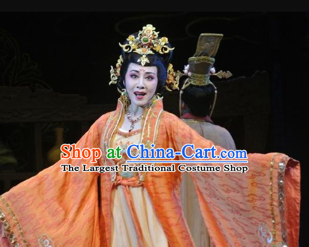 Chinese Shaoxing Opera Diva Orange Dress Costumes and Headpieces Zhen Huan Apparels Yue Opera Hua Tan Imperial Consort Garment