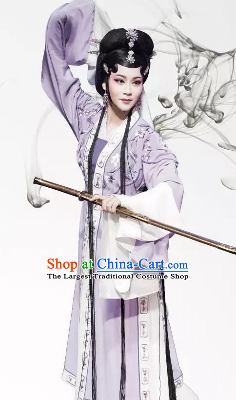 Chinese Shaoxing Opera Hua Tan Phoenix Tears Apparels Yue Opera Actress Costumes Young Lady Li Suzhen Purple Dress Garment and Hair Accessories