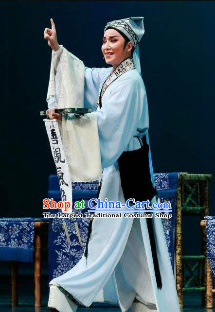 Chinese Yue Opera Niche Xiao Sheng Costumes and Headwear Shaoxing Opera Yan Zhi Apparels Young Male Scholar E Qiusun Robe Garment