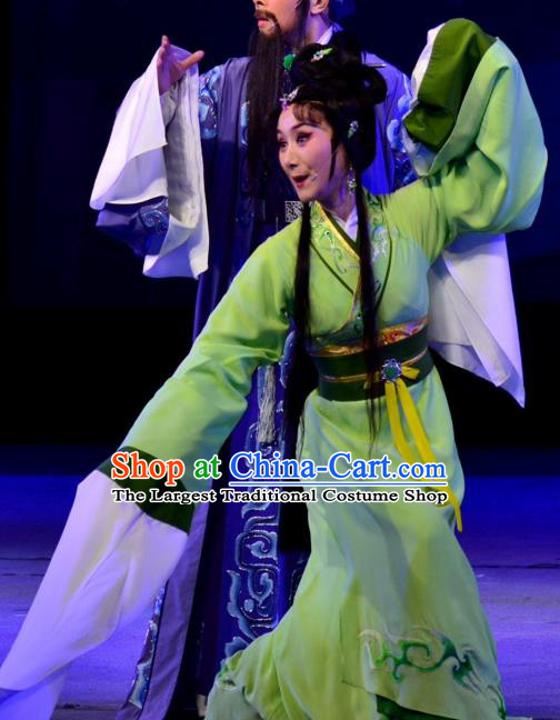 Chinese Shaoxing Opera Young Beauty Diao Chan Apparels Costumes Yue Opera Hua Tan Actress Garment Green Hanfu Dress and Hair Accessories