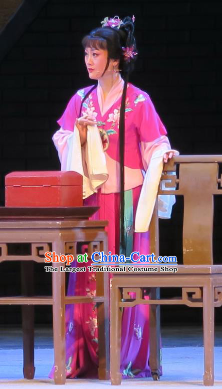 Chinese Shaoxing Opera Dong Xiaowan And Mao Bijiang Rosy Dress Garment Yue Opera Hua Tan Costumes Young Female Actress Apparels and Headpieces