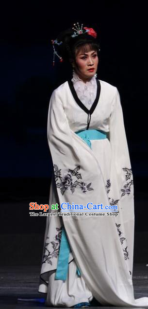 Chinese Shaoxing Opera Hua Tan White Dress and Hair Accessories Yue Opera The Ungrateful Lover Qing Tan Actress Apparels Young Lady Jiao Guiying Costume