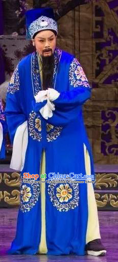 Chinese Yue Opera Elderly Male Wu Nv Bai Shou Costumes and Hat Shaoxing Opera Assistant Minister Apparels Yang Jikang Blue Garment