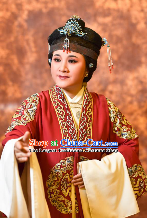 Chinese Shaoxing Opera Countess Red Cape Dress Yue Opera Wu Nv Bai Shou Laodan Costumes Elderly Dame Garment Apparels and Headdress