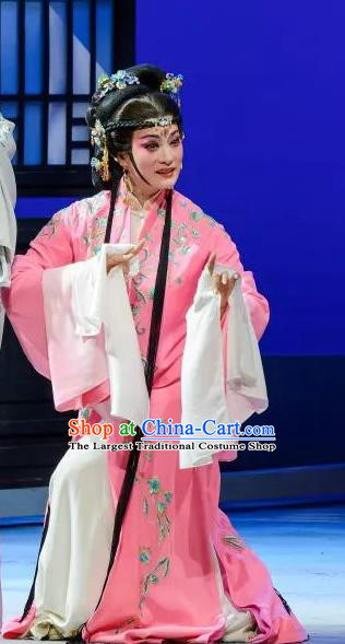 Chinese Shaoxing Opera Hua Tan Pink Costumes and Hair Jewelry Xiang Luo Ji Yue Opera Actress Garment Young Mistress Hui Niang Apparels Dress