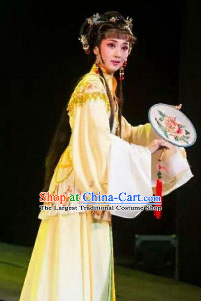 Chinese Shaoxing Opera Yellow Dress Costumes and Headwear Yue Opera Hua Tan Princess Liu Jinding Garment Apparels San Kan Yu Mei Clothing