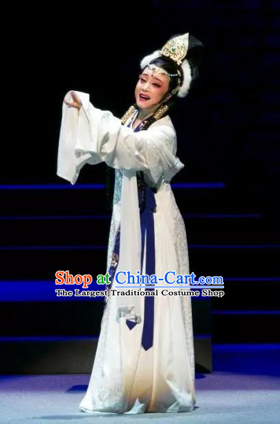 Chinese Shaoxing Opera Queen White Dress Costumes and Headdress The Desolate Palace of Liao Yue Opera Hua Tan Xiao Guanyin Garment Apparels