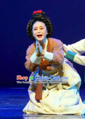 Chinese Shaoxing Opera Elderly Female Garment Apparels and Headdress Chunh Yang Yue Opera Garment Geisha Yue Mei Dress Costumes