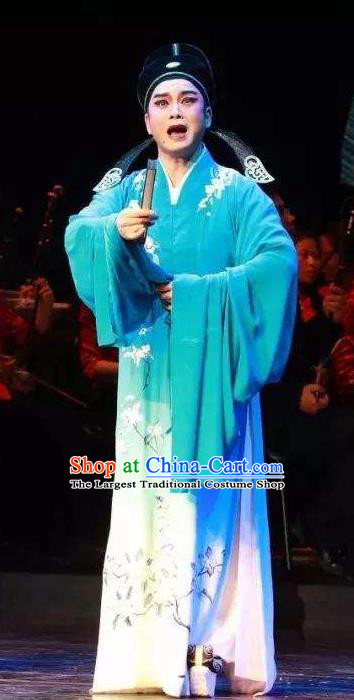 Chinese Yue Opera Young Male Green Robe Costumes and Hat Shaoxing Opera The Romance of West Chamber Xiao Sheng Niche Scholar Zhang Apparels Garment