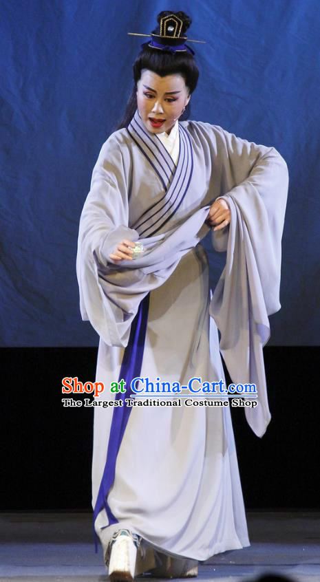 Chinese Yue Opera Scholar Liu Yi Costumes and Headwear The Princess Messenger Farewell at Lakeside Shaoxing Opera Xiaosheng Young Male Robe Garment Apparels