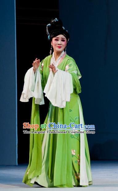 Chinese Shaoxing Opera Diva Garment and Hair Jewelry Yue Opera Liu Yong Female Costumes Hua Tan Actress Green Dress Apparels