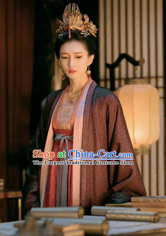 Chinese Ancient Royal Queen Hanfu Dress and Headpieces Drama Serenade of Peaceful Joy Song Dynasty Empress Cao Danshu Garment Historical Costumes