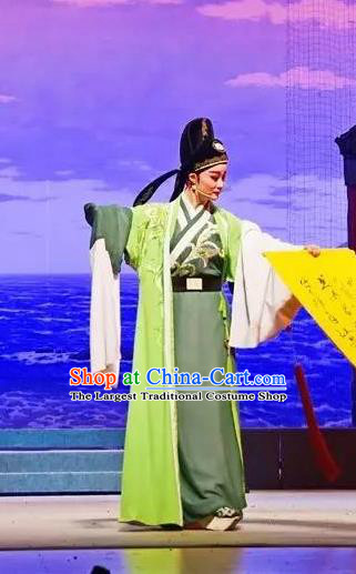 Li Mei Yue Chinese Yue Opera Young Male Green Clothing and Hat Shaoxing Opera Scholar Garment Costumes Xiaosheng Apparels