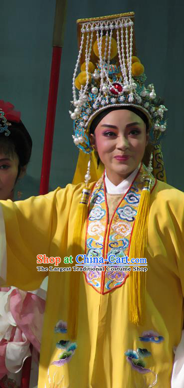 Chinese Yue Opera Niche Yellow Embroidered Robe Costumes Emperor and the Village Girl Garment and Headwear Shaoxing Opera Xiaosheng Young Male Apparels