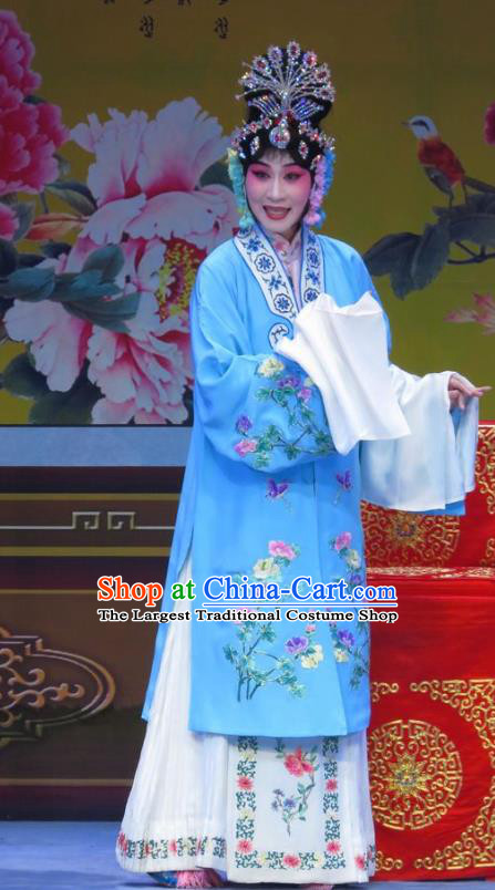 Chinese Ping Opera Diva Apparels Costumes and Headpieces Traditional Pingju Opera Lv Bu And Diao Chan Young Beauty Blue Dress Actress Garment