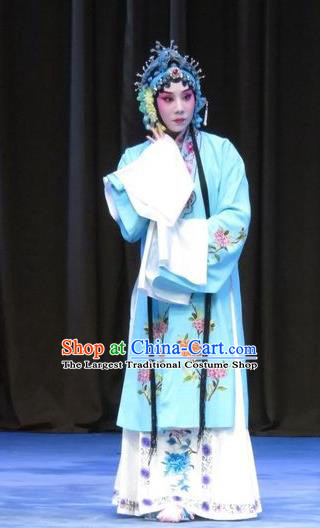 Chinese Ping Opera Hua Tan Apparels Costumes and Headdress Traditional Pingju Opera Zhou Ren Xian Sao Actress Diva Blue Dress Garment