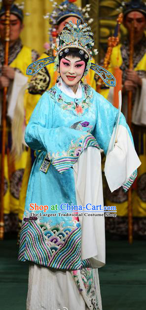 Chinese Beijing Opera Diva Hua Tan Apparels Costumes and Headdress Xie Yaohuan Traditional Peking Opera Actress Dress Female Official Blue Garment