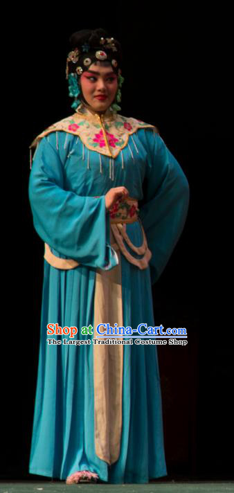 Chinese Beijing Opera Servant Girl Apparels Costumes and Headdress San Da Tao Sanchun Traditional Peking Opera Xiaodan Blue Dress Young Lady Garment